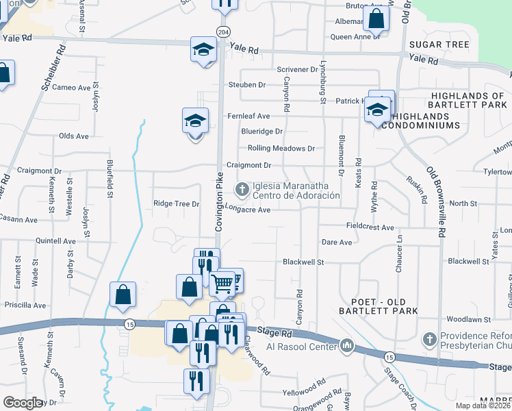map of restaurants, bars, coffee shops, grocery stores, and more near 3201 Longacre Cove in Memphis