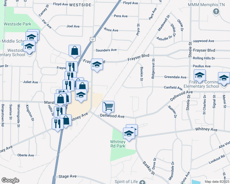 map of restaurants, bars, coffee shops, grocery stores, and more near 3201 Madewell Street in Memphis