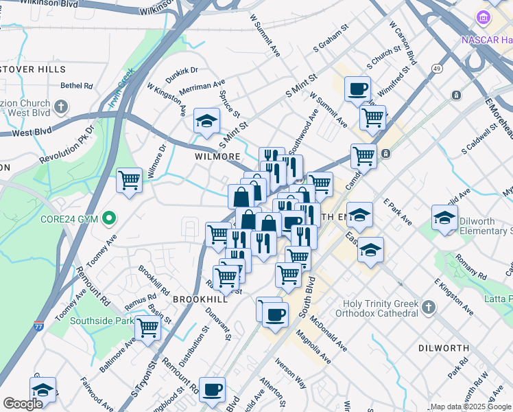 map of restaurants, bars, coffee shops, grocery stores, and more near 1920 Abbott Street in Charlotte