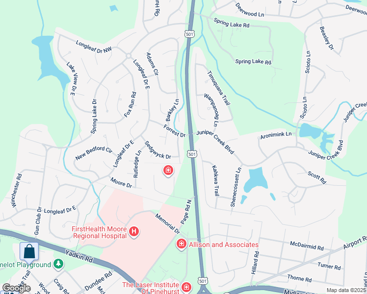 map of restaurants, bars, coffee shops, grocery stores, and more near 12 Asheville Way in Pinehurst
