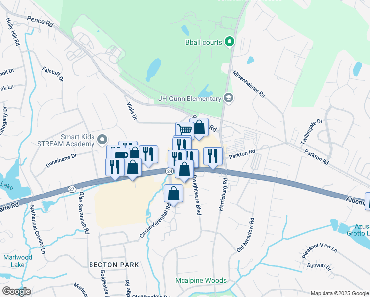 map of restaurants, bars, coffee shops, grocery stores, and more near 9021 Albemarle Road in Charlotte