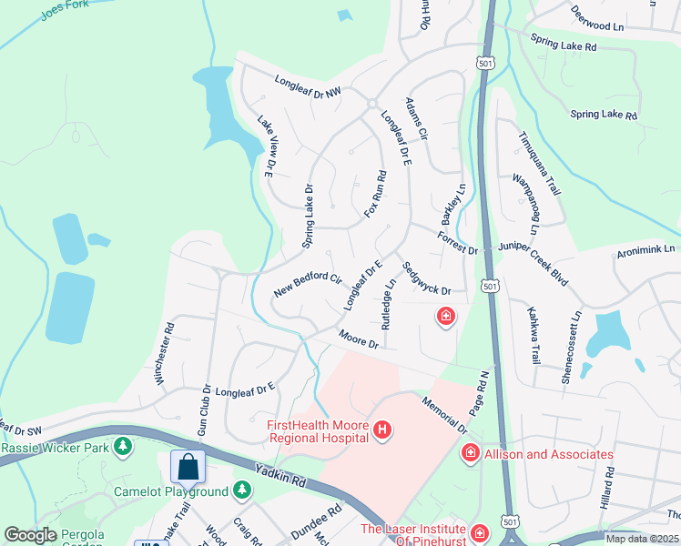 map of restaurants, bars, coffee shops, grocery stores, and more near 2 McGrath Lane in Pinehurst