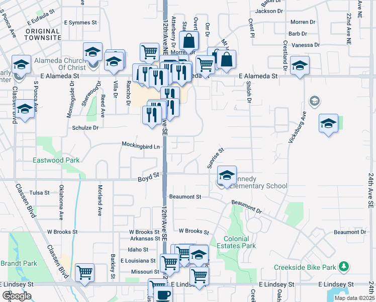 map of restaurants, bars, coffee shops, grocery stores, and more near 401 12th Avenue Southeast in Norman