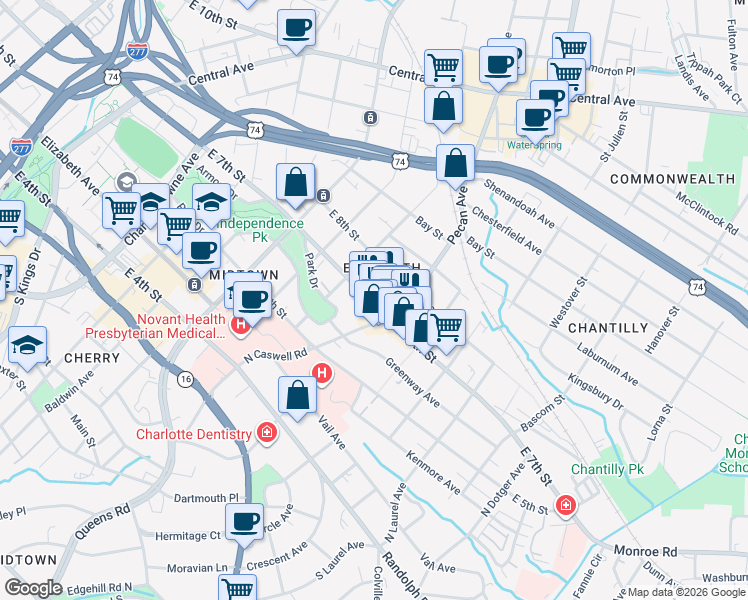 map of restaurants, bars, coffee shops, grocery stores, and more near 1925 East 7th Street in Charlotte