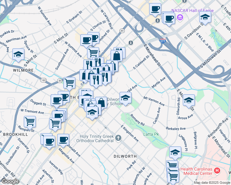 map of restaurants, bars, coffee shops, grocery stores, and more near in Charlotte