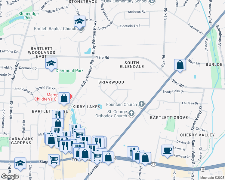 map of restaurants, bars, coffee shops, grocery stores, and more near 6871 Hedgewood Lane in Bartlett