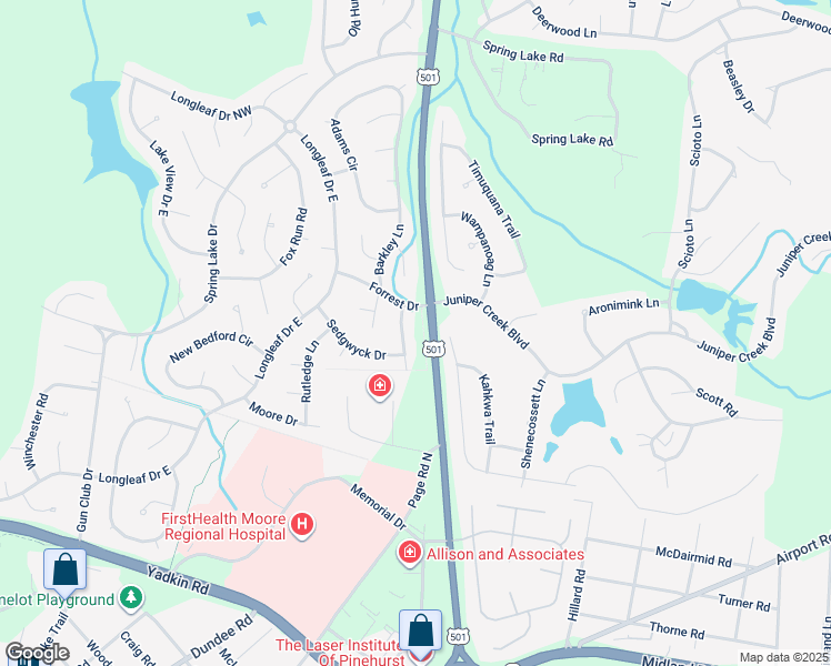 map of restaurants, bars, coffee shops, grocery stores, and more near 12 Asheville Way in Pinehurst