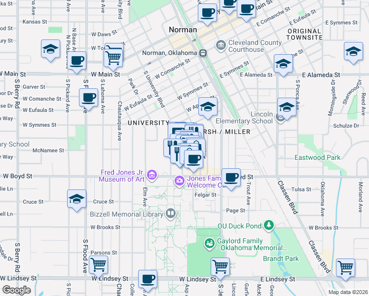 map of restaurants, bars, coffee shops, grocery stores, and more near 561 Buchanan Avenue in Norman