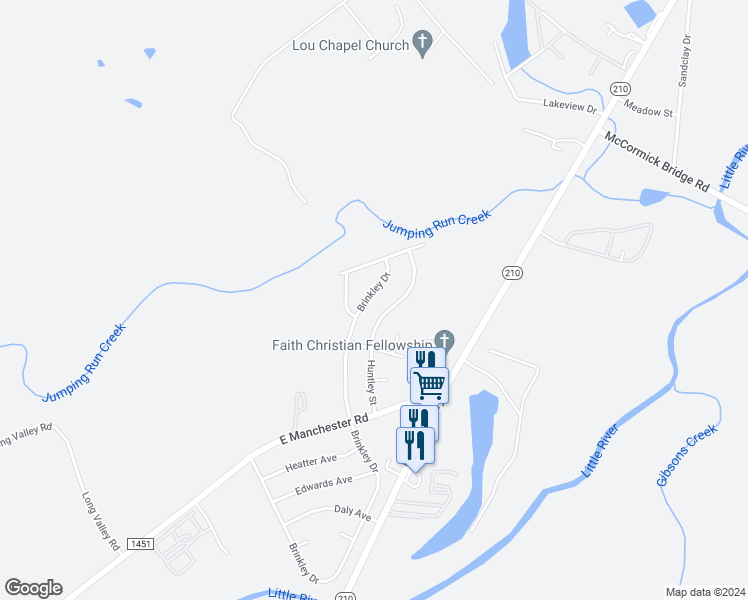 map of restaurants, bars, coffee shops, grocery stores, and more near 3206 Brinkley Drive in Spring Lake