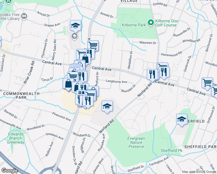map of restaurants, bars, coffee shops, grocery stores, and more near 3937 Belcross Drive in Charlotte