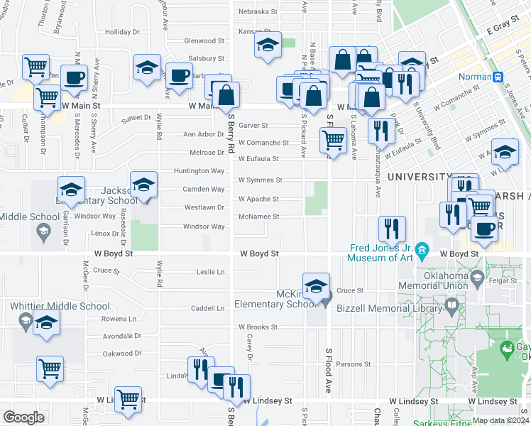 map of restaurants, bars, coffee shops, grocery stores, and more near 1101 McNamee Street in Norman