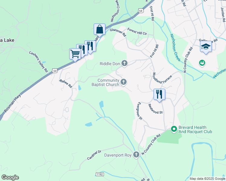 map of restaurants, bars, coffee shops, grocery stores, and more near 93 Frank Riddle Road in Brevard