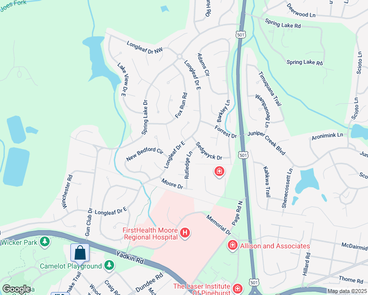 map of restaurants, bars, coffee shops, grocery stores, and more near 1605 Longleaf Drive East in Pinehurst
