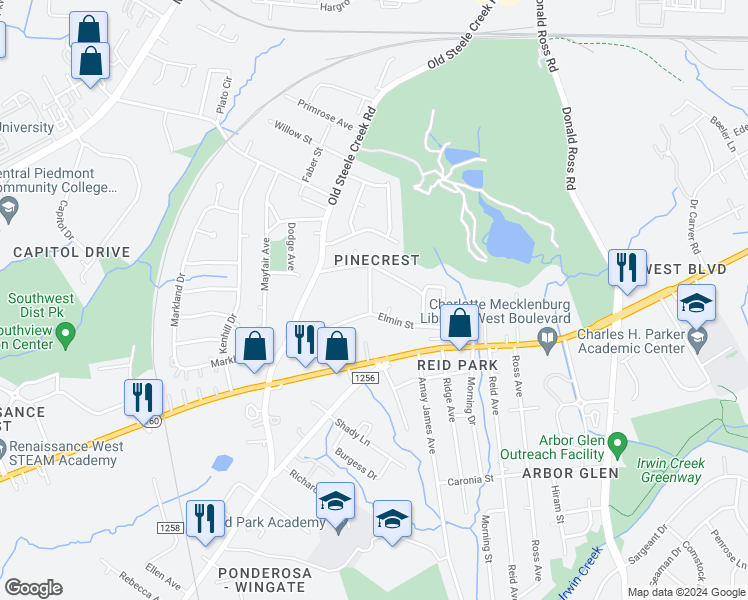 map of restaurants, bars, coffee shops, grocery stores, and more near 2544 Elmin Street in Charlotte
