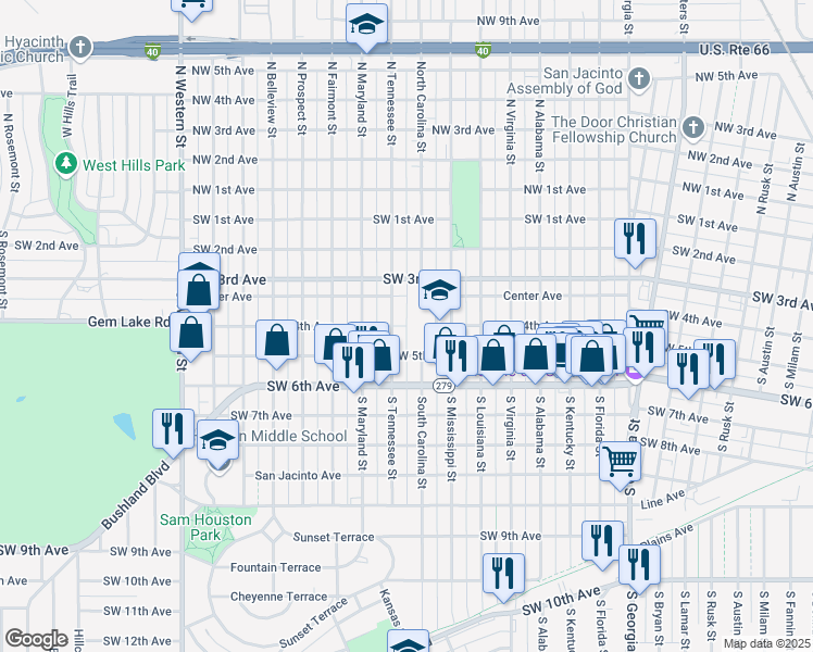 map of restaurants, bars, coffee shops, grocery stores, and more near 3400 Northwest 4th Avenue in Amarillo