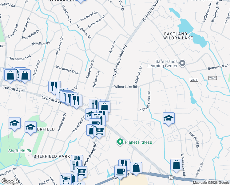 map of restaurants, bars, coffee shops, grocery stores, and more near 3830 North Sharon Amity Road in Charlotte