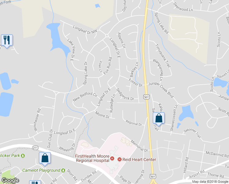 map of restaurants, bars, coffee shops, grocery stores, and more near 105 Rutledge Lane in Pinehurst