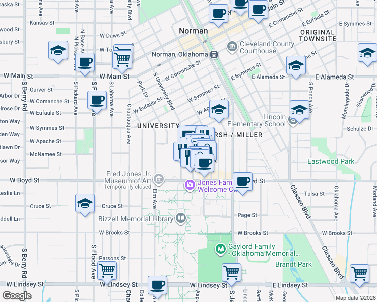 map of restaurants, bars, coffee shops, grocery stores, and more near 561 Buchanan Avenue in Norman