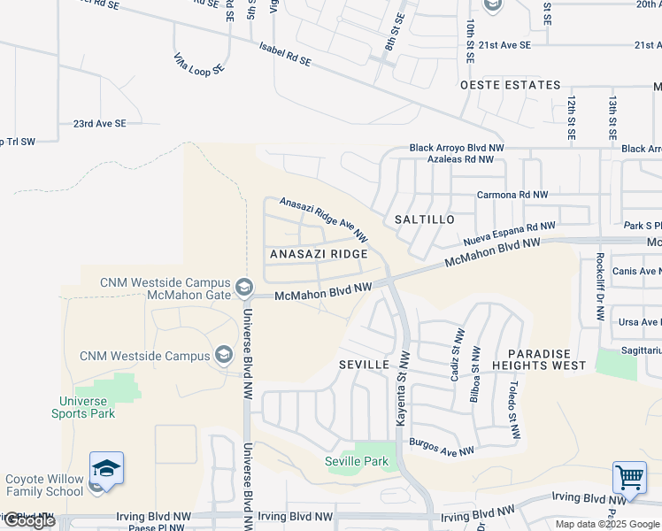 map of restaurants, bars, coffee shops, grocery stores, and more near 6530 Basket Weaver Avenue Northwest in Albuquerque
