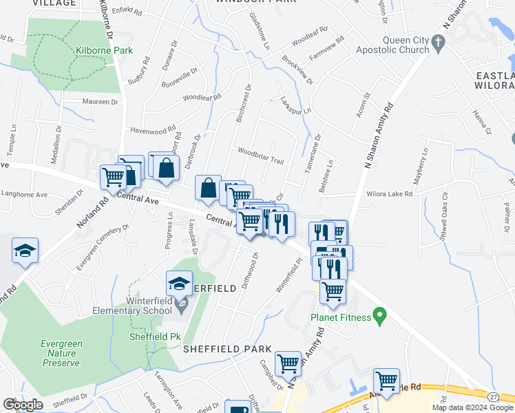 map of restaurants, bars, coffee shops, grocery stores, and more near 4016 Rosehaven Drive in Charlotte