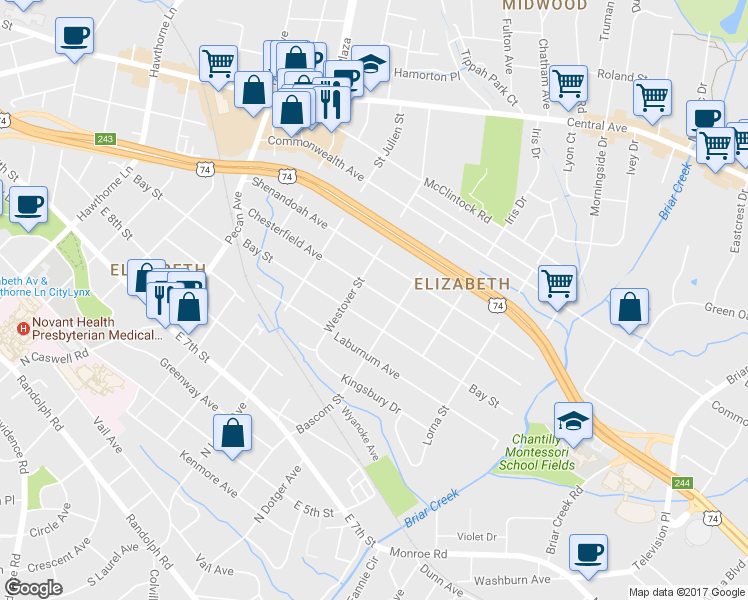 map of restaurants, bars, coffee shops, grocery stores, and more near 2322 Bay Street in Charlotte