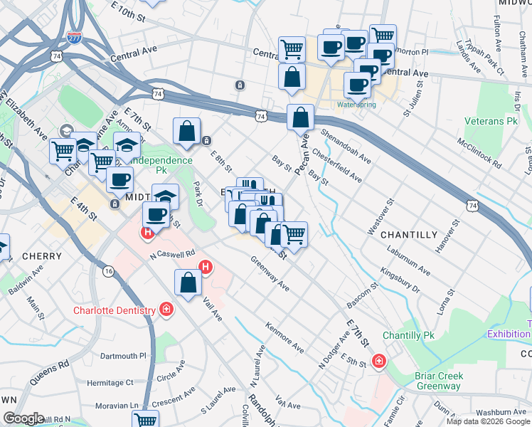 map of restaurants, bars, coffee shops, grocery stores, and more near 2001 East 7th Street in Charlotte