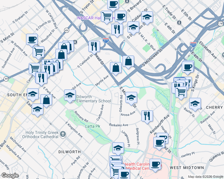 map of restaurants, bars, coffee shops, grocery stores, and more near in Charlotte