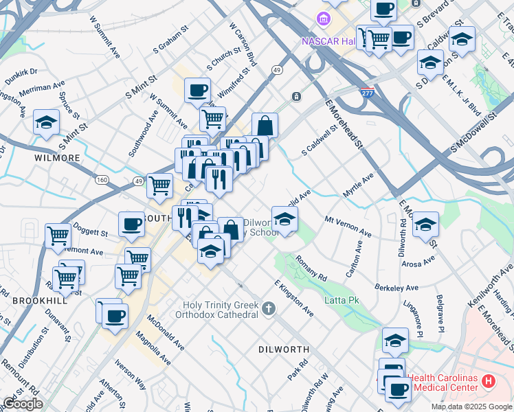 map of restaurants, bars, coffee shops, grocery stores, and more near 1514 Euclid Avenue in Charlotte