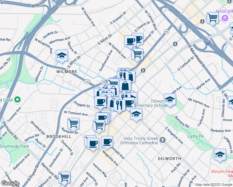 map of restaurants, bars, coffee shops, grocery stores, and more near in Charlotte