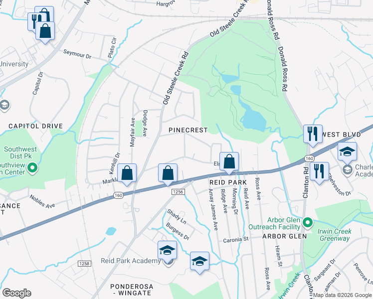 map of restaurants, bars, coffee shops, grocery stores, and more near 2544 Elmin Street in Charlotte