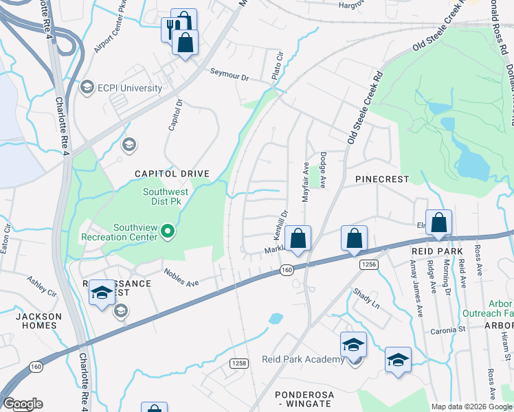 map of restaurants, bars, coffee shops, grocery stores, and more near 2837 Denview Lane in Charlotte
