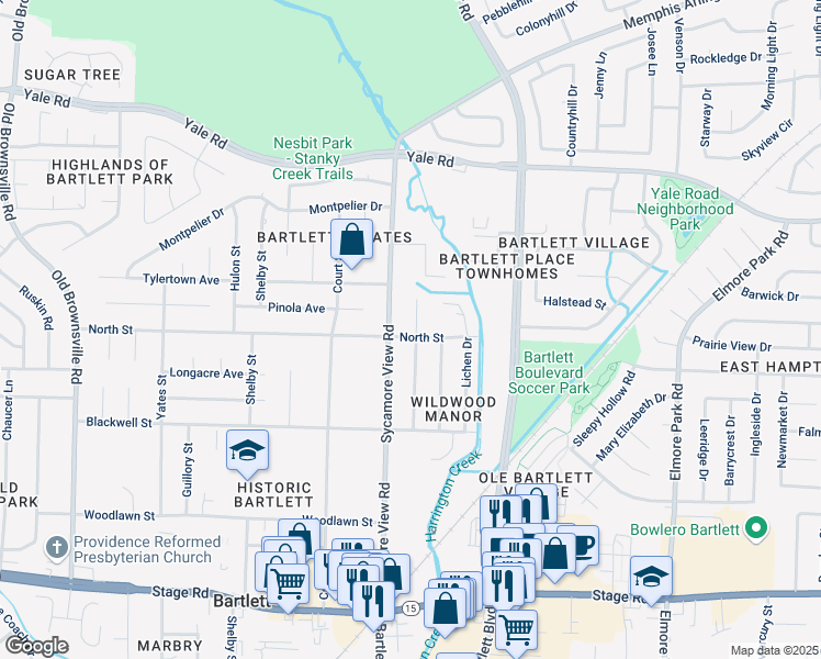 map of restaurants, bars, coffee shops, grocery stores, and more near 3184 Sycamore View Road in Memphis