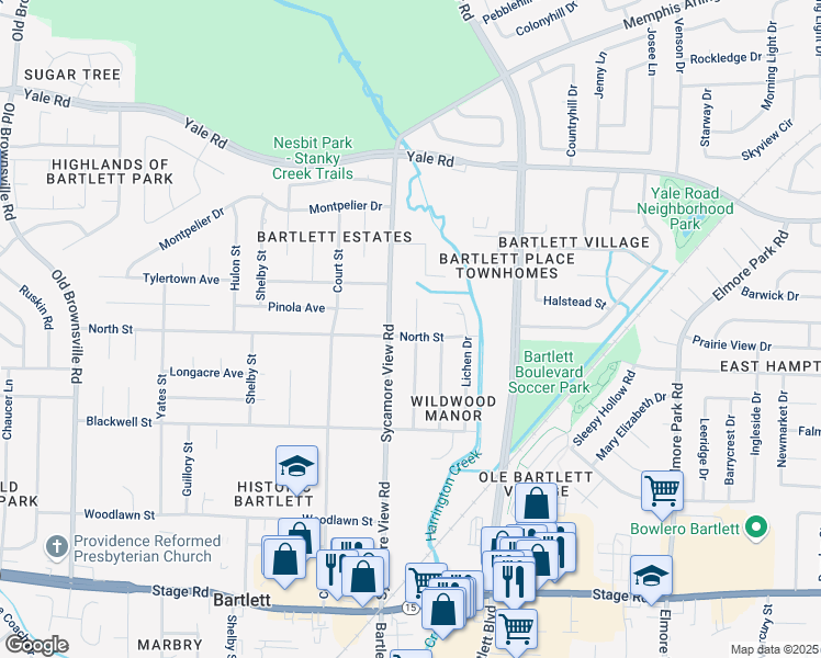 map of restaurants, bars, coffee shops, grocery stores, and more near 3184 Sycamore View Road in Memphis