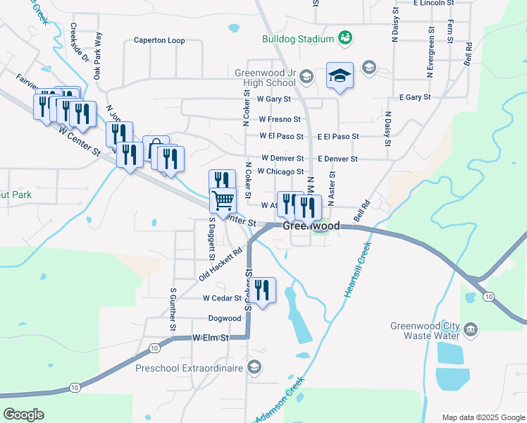 map of restaurants, bars, coffee shops, grocery stores, and more near Old Hackett Road in Greenwood
