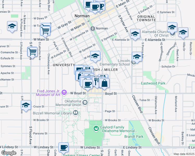 map of restaurants, bars, coffee shops, grocery stores, and more near 750 South Jenkins Avenue in Norman