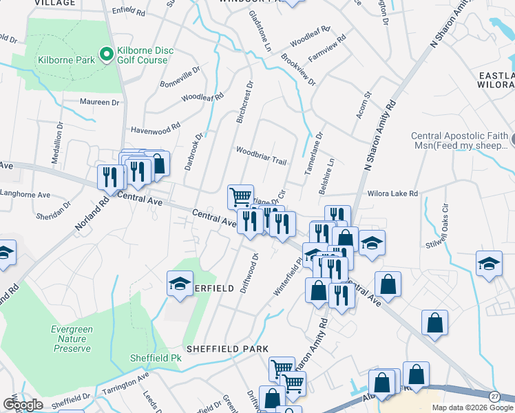 map of restaurants, bars, coffee shops, grocery stores, and more near 4016 Rosehaven Drive in Charlotte