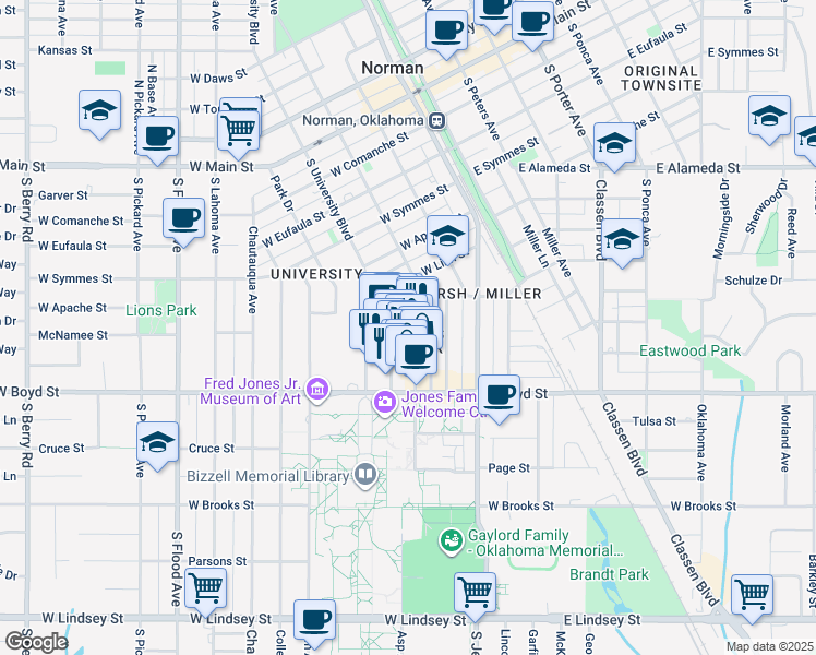 map of restaurants, bars, coffee shops, grocery stores, and more near 561 Buchanan Avenue in Norman