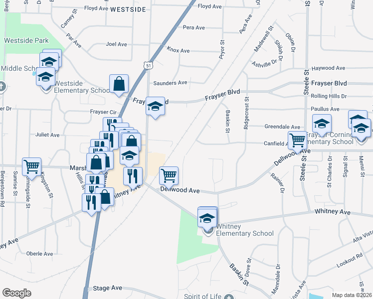 map of restaurants, bars, coffee shops, grocery stores, and more near 3184 Madewell Street in Memphis