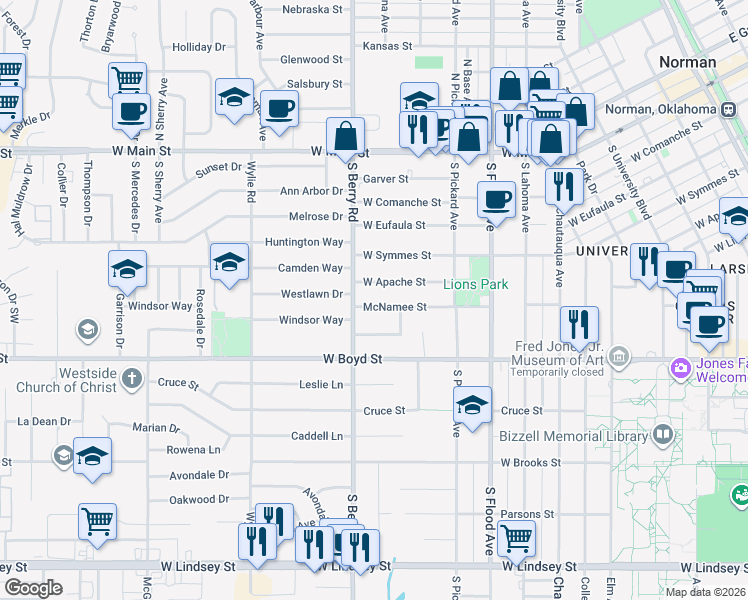 map of restaurants, bars, coffee shops, grocery stores, and more near 1117 Grover Lane in Norman
