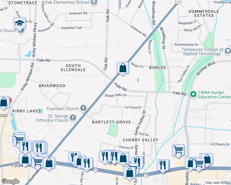 map of restaurants, bars, coffee shops, grocery stores, and more near Yale Road in Bartlett