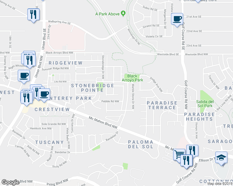 map of restaurants, bars, coffee shops, grocery stores, and more near 5109 Pyrite Place Northwest in Albuquerque