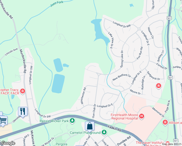 map of restaurants, bars, coffee shops, grocery stores, and more near 405 Gun Club Drive in Pinehurst