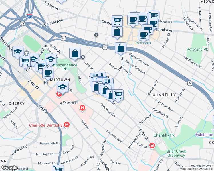 map of restaurants, bars, coffee shops, grocery stores, and more near 515 Pecan Avenue in Charlotte