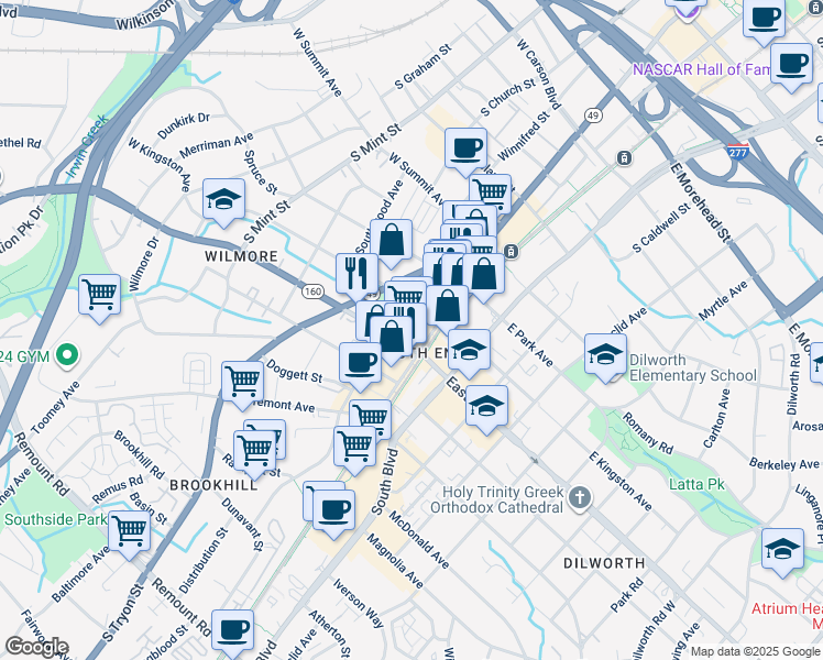 map of restaurants, bars, coffee shops, grocery stores, and more near in Charlotte