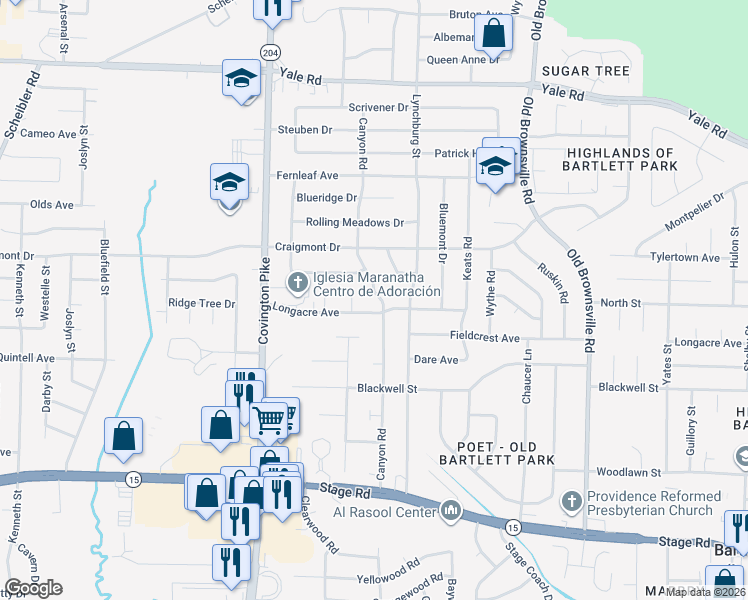map of restaurants, bars, coffee shops, grocery stores, and more near 3235 Glen Logan Road in Memphis