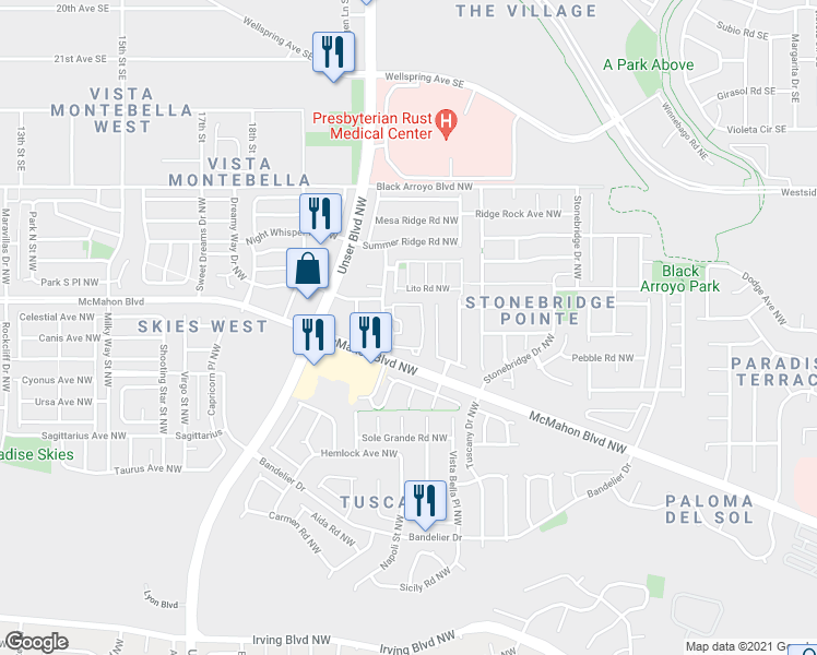map of restaurants, bars, coffee shops, grocery stores, and more near 5624 Lito Road Northwest in Albuquerque