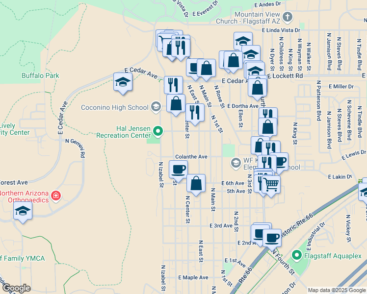 map of restaurants, bars, coffee shops, grocery stores, and more near 2608 North West Street in Flagstaff