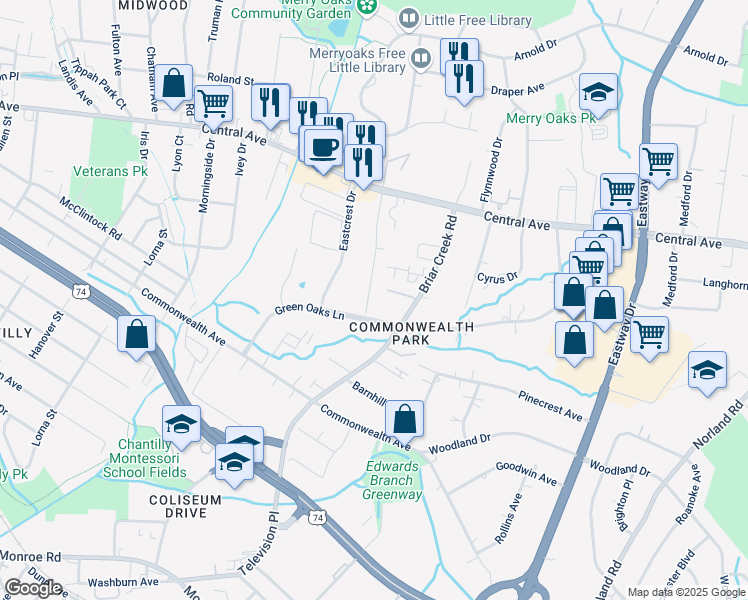map of restaurants, bars, coffee shops, grocery stores, and more near 1500 Eastcrest Drive in Charlotte