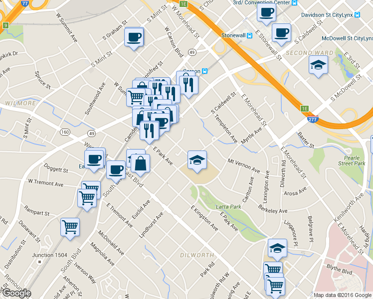 map of restaurants, bars, coffee shops, grocery stores, and more near 1432 Cleveland Avenue in Charlotte