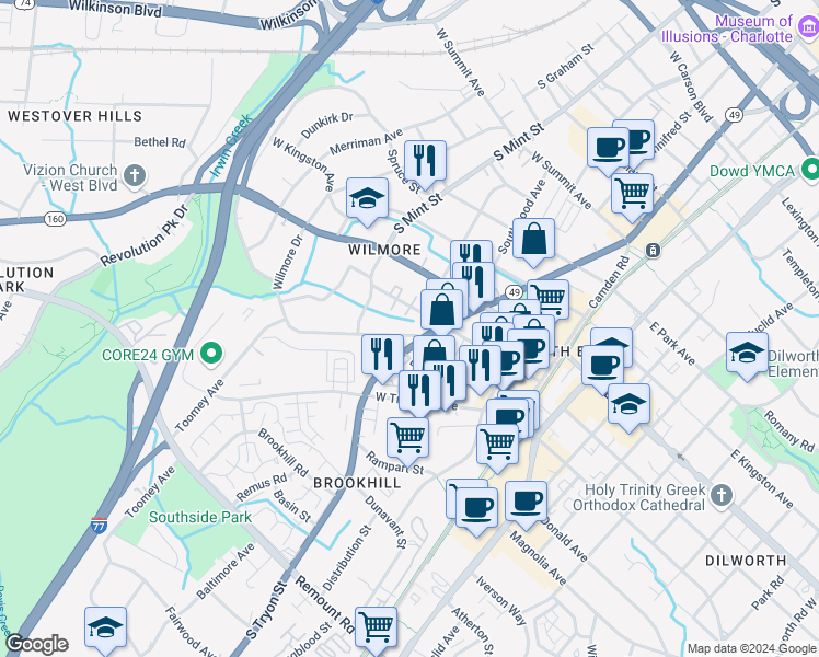 map of restaurants, bars, coffee shops, grocery stores, and more near 1904 Wilmore Walk Drive in Charlotte